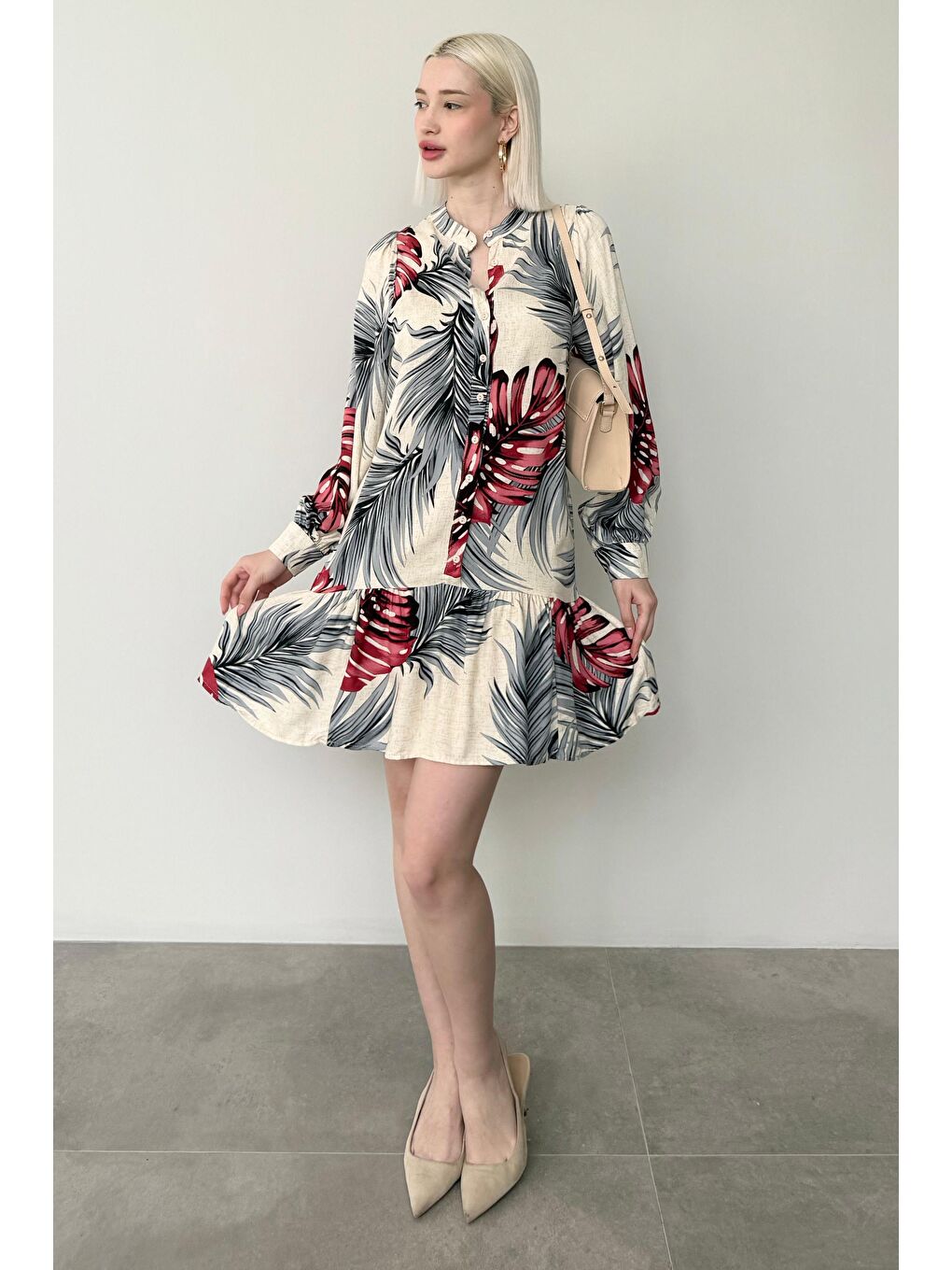 Kırmızı Desenli Düğmeli Kısa Kadın Elbise Mg2432-2