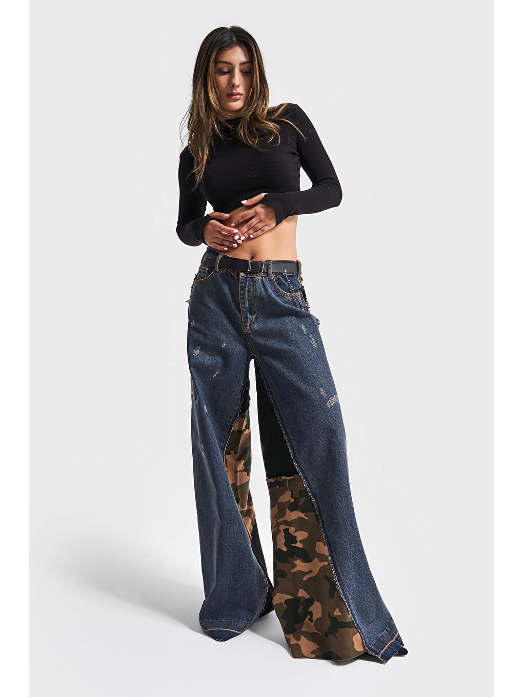 Mavi Kadın Jean Rengi Kamuflaj Örme Kumaş Karışımlı Kemerli Palazzo Fit Tasarım Denim