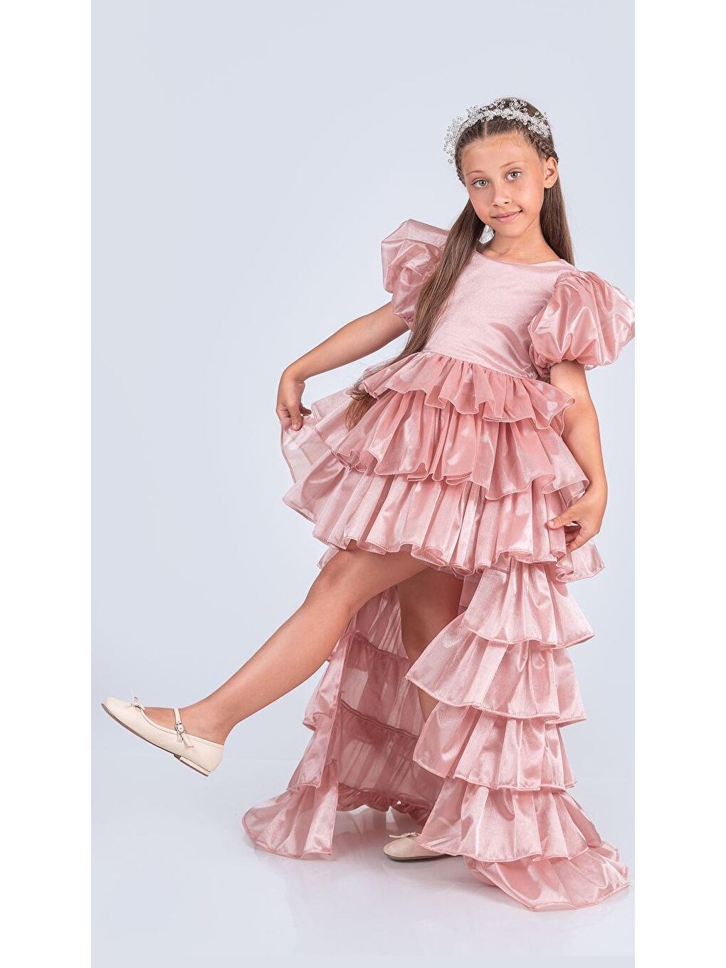 Pembe Kız Çocuk Eklenebilir Kuyruk Detaylı, Taçlı Aspendos Abiye Elbise M00758