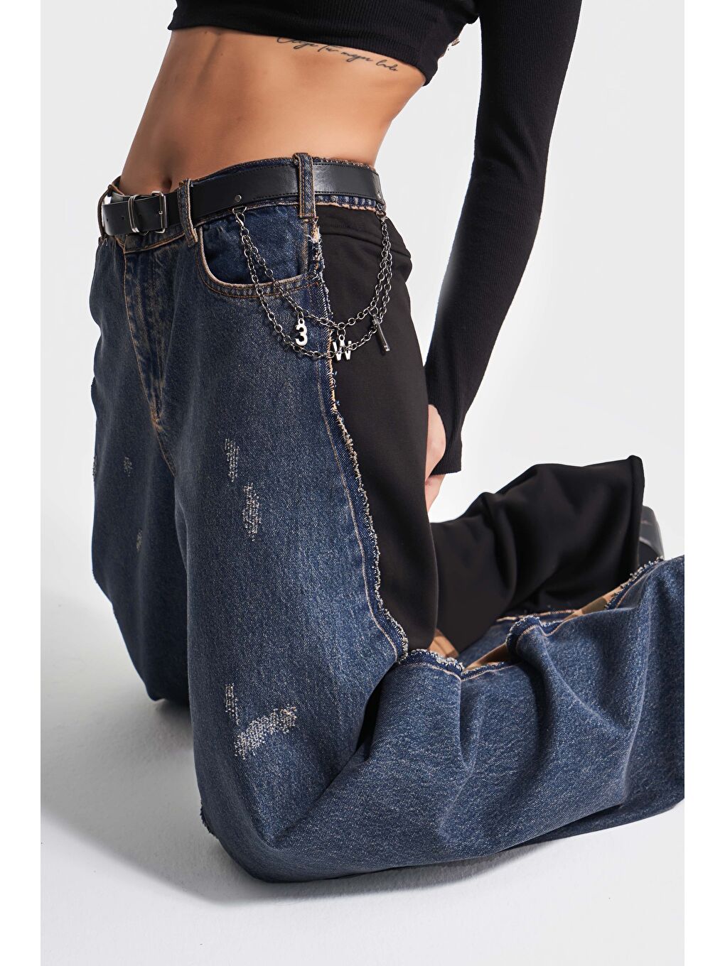 Mavi Kadın Jean Rengi Kamuflaj Örme Kumaş Karışımlı Kemerli Palazzo Fit Tasarım Denim-2