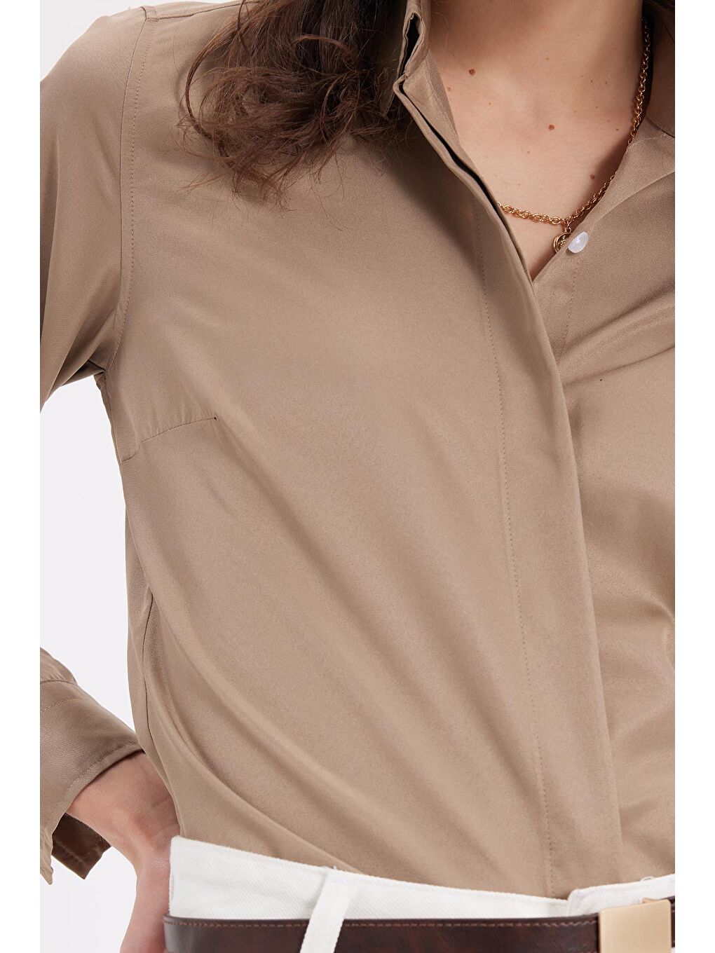 Kahverengi Kadın Slim Fit Dar Kesim Vucüda Oturan Uzun Kollu Gizli Düğme Detaylı Koyu Vizon Basic Gömlek-2