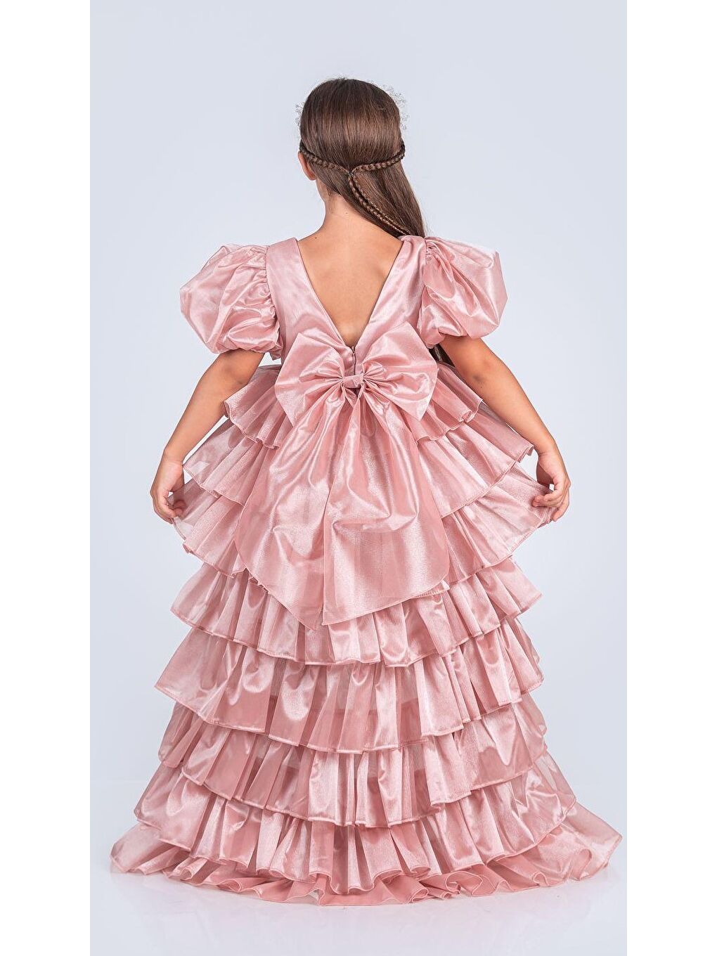 Pembe Kız Çocuk Eklenebilir Kuyruk Detaylı, Taçlı Aspendos Abiye Elbise M00758-1
