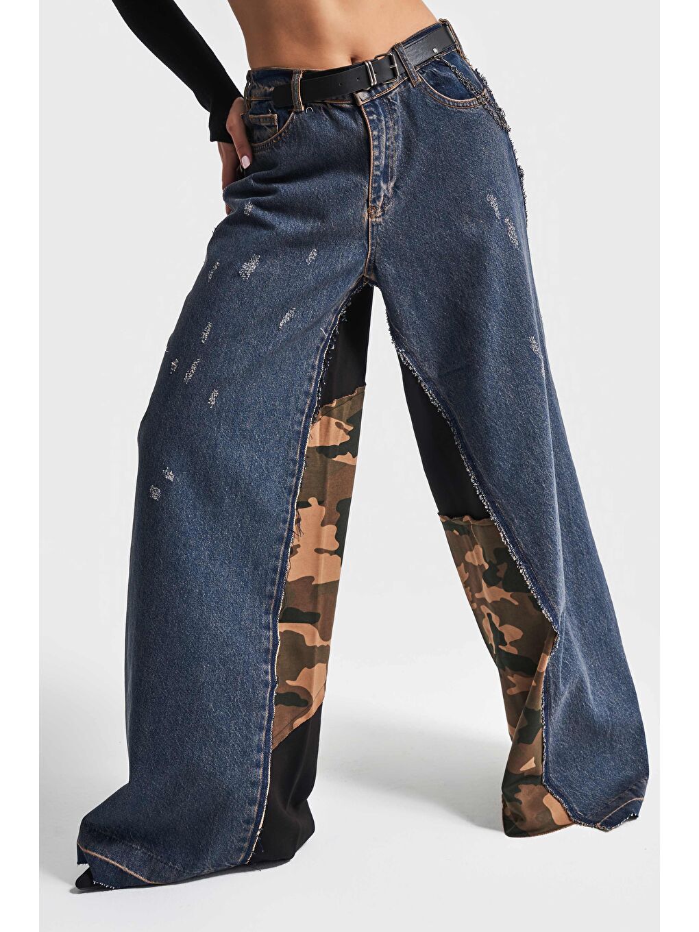 Mavi Kadın Jean Rengi Kamuflaj Örme Kumaş Karışımlı Kemerli Palazzo Fit Tasarım Denim-3