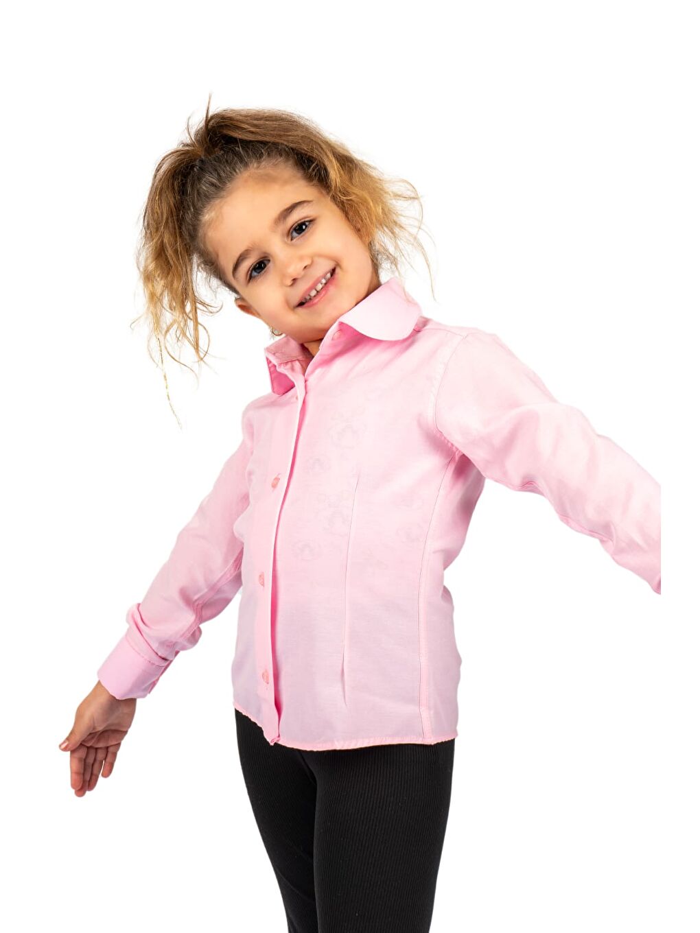 Pembe Düz Renk Kız Çocuk Gömlek MNK0576-1
