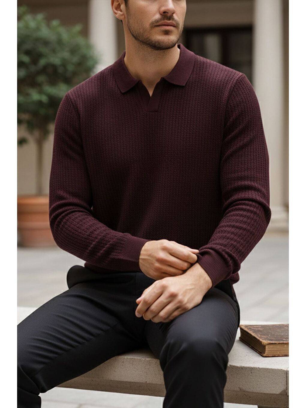 Bordo Erkek Polo Yaka Elastanlı Triko Kazak