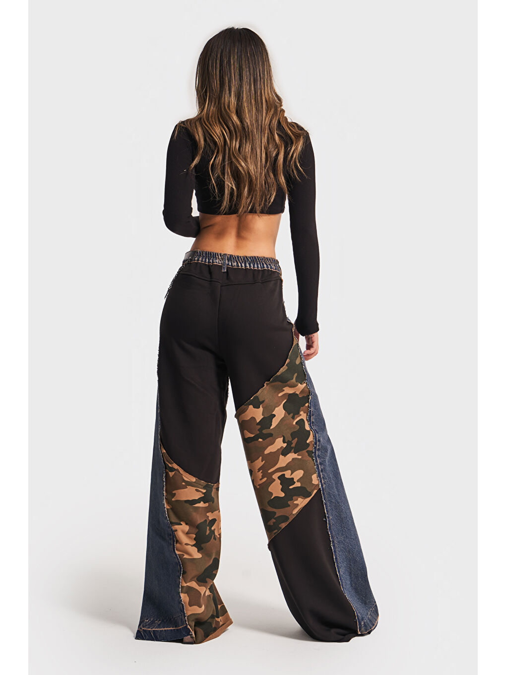 Mavi Kadın Jean Rengi Kamuflaj Örme Kumaş Karışımlı Kemerli Palazzo Fit Tasarım Denim-4