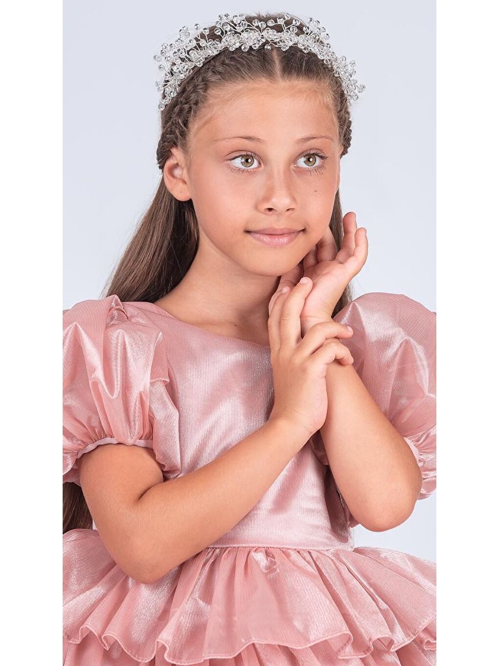 Pembe Kız Çocuk Eklenebilir Kuyruk Detaylı, Taçlı Aspendos Abiye Elbise M00758-2