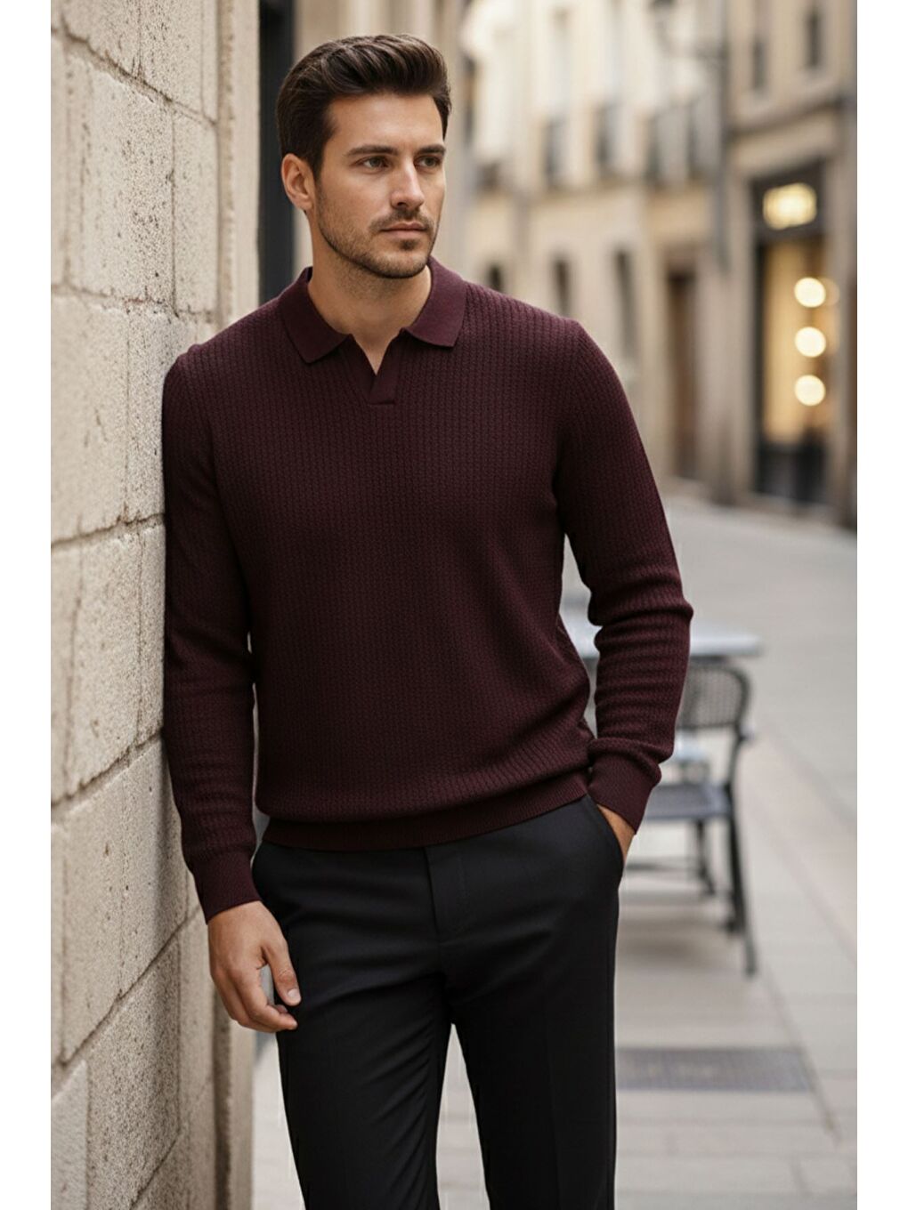 Bordo Erkek Polo Yaka Elastanlı Triko Kazak-1