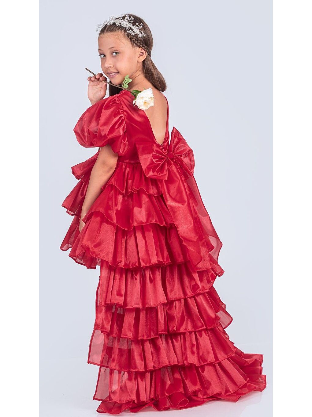 Kırmızı Kız Çocuk Eklenebilir Kuyruk Detaylı, Taçlı Aspendos Abiye Elbise M00758-1