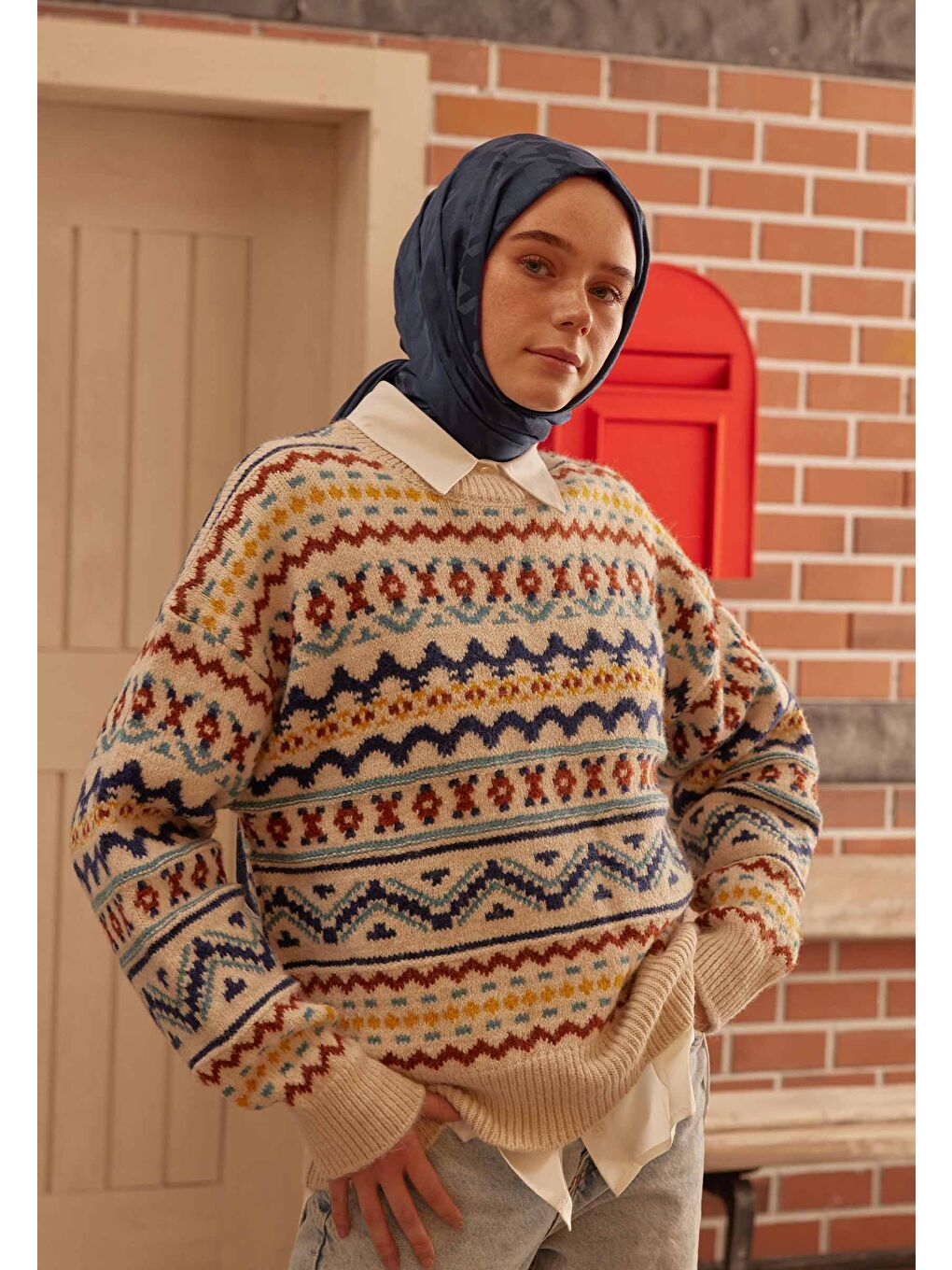 Kazayağı Jakarlı Şal Lacivert-1