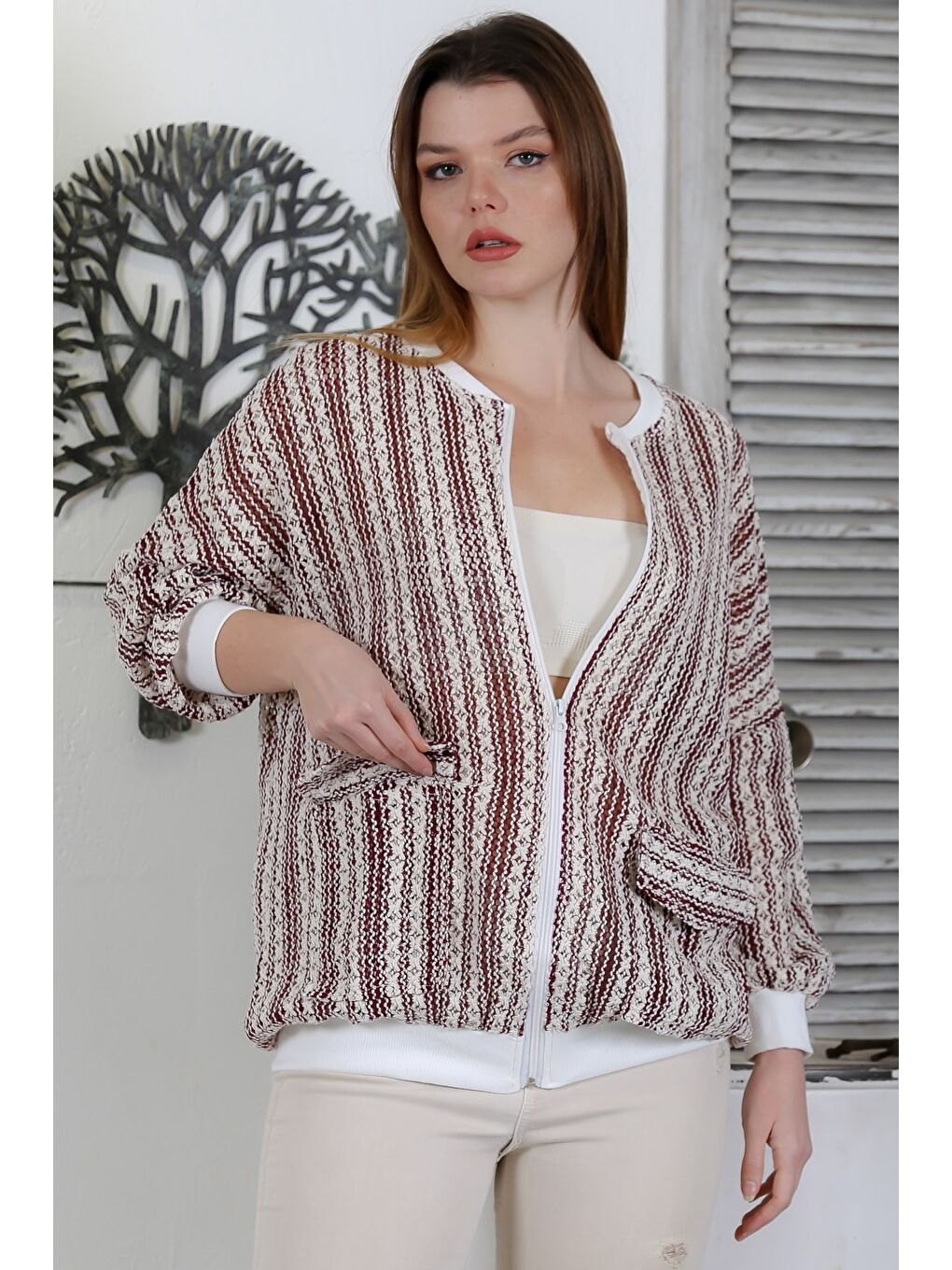 Kahverengi Sütlü Kahve Bomber Yaka Manşetli Kollu Fermuarlı Cepli Casual Dokuma Ceket 70 65-1