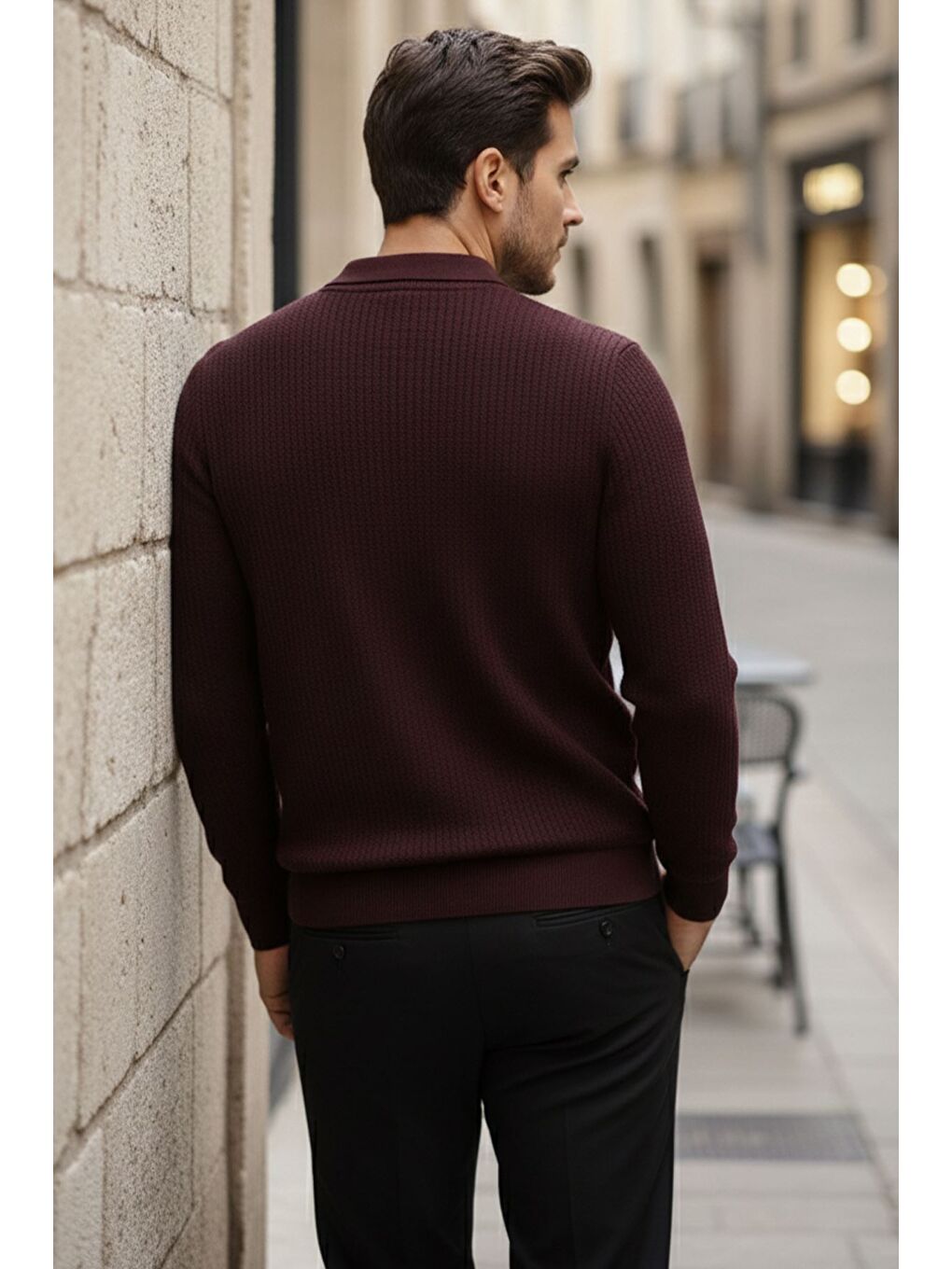 Bordo Erkek Polo Yaka Elastanlı Triko Kazak-2