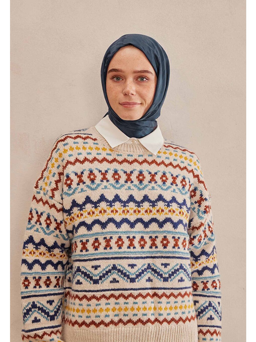 Kazayağı Jakarlı Şal Lacivert-2