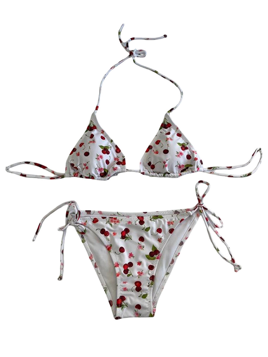 Kadın Beyaz Kiraz Temalı Boyundan İp Bağlamalı Üçgen Bikini Takımı HZL25S-LC5005