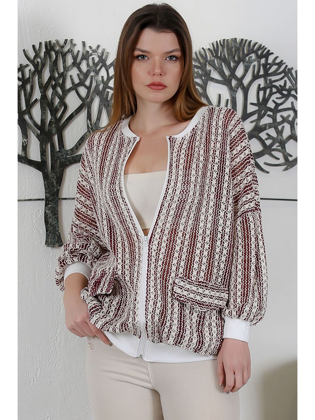 Kahverengi Sütlü Kahve Bomber Yaka Manşetli Kollu Fermuarlı Cepli Casual Dokuma Ceket 70 65-3