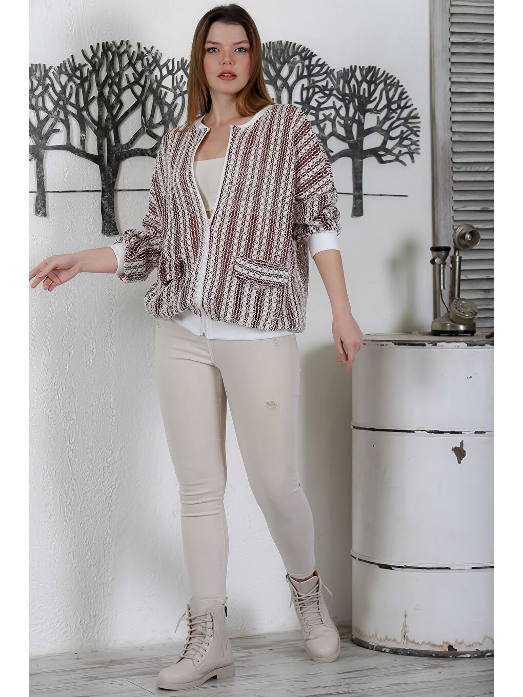 Kahverengi Sütlü Kahve Bomber Yaka Manşetli Kollu Fermuarlı Cepli Casual Dokuma Ceket 70 65-4