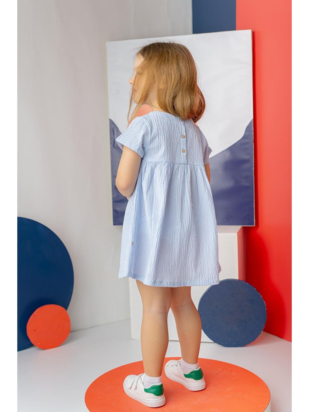 Kız Çocuk Çizgili Yarım Kol Gofre Elbise - Mavi Çizgili-1