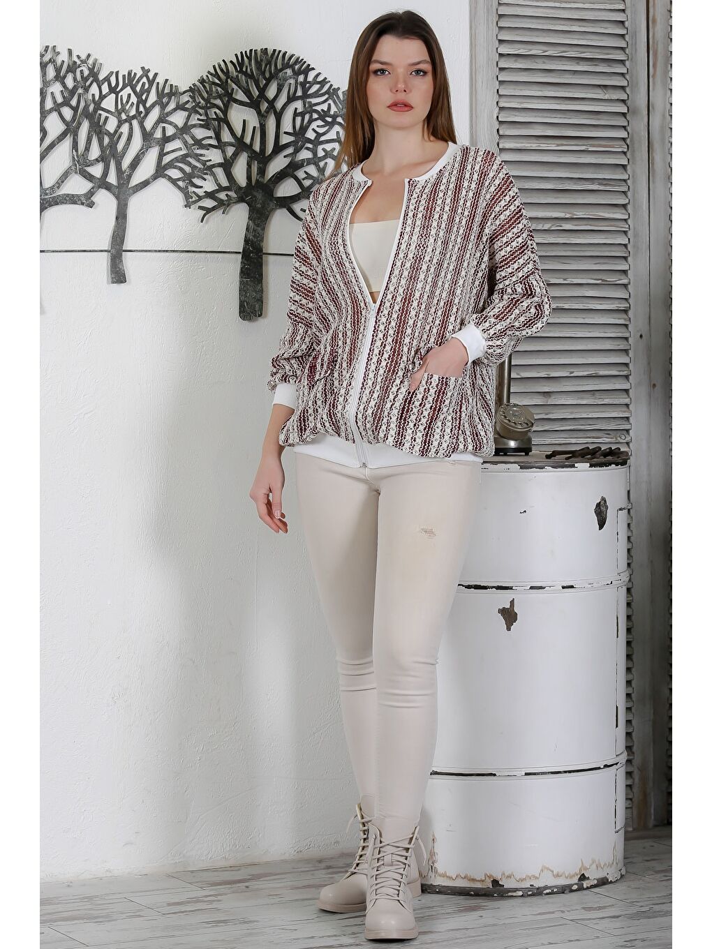 Kahverengi Sütlü Kahve Bomber Yaka Manşetli Kollu Fermuarlı Cepli Casual Dokuma Ceket 70 65-5