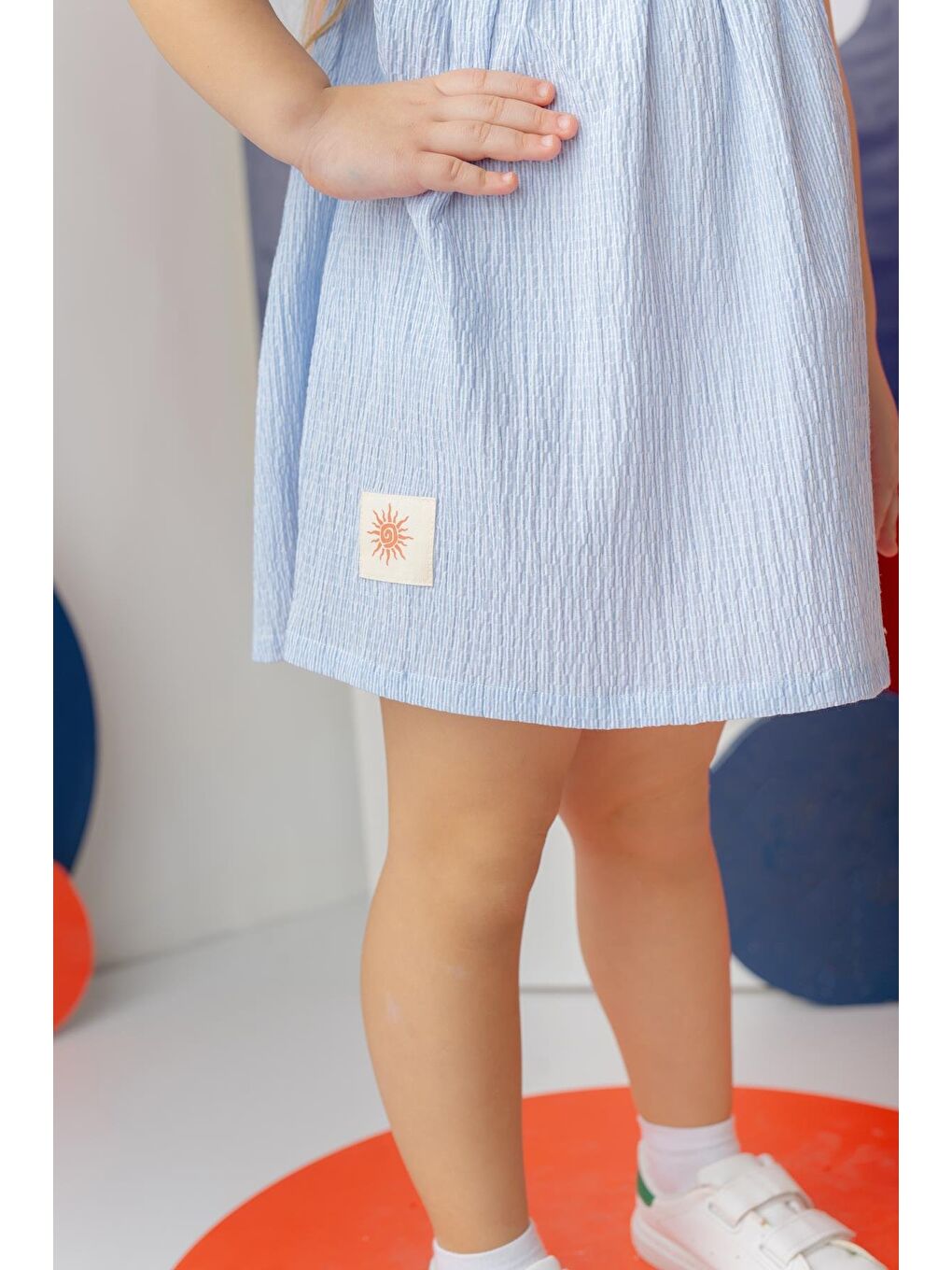 Kız Çocuk Çizgili Yarım Kol Gofre Elbise - Mavi Çizgili-2