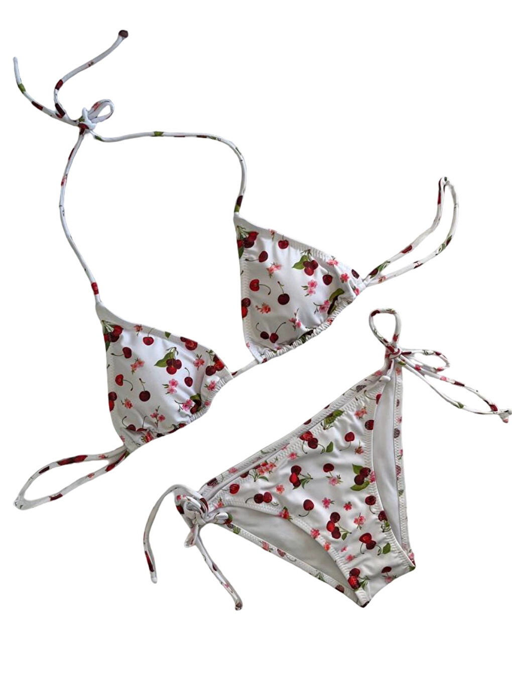 Kadın Beyaz Kiraz Temalı Boyundan İp Bağlamalı Üçgen Bikini Takımı HZL25S-LC5005-1