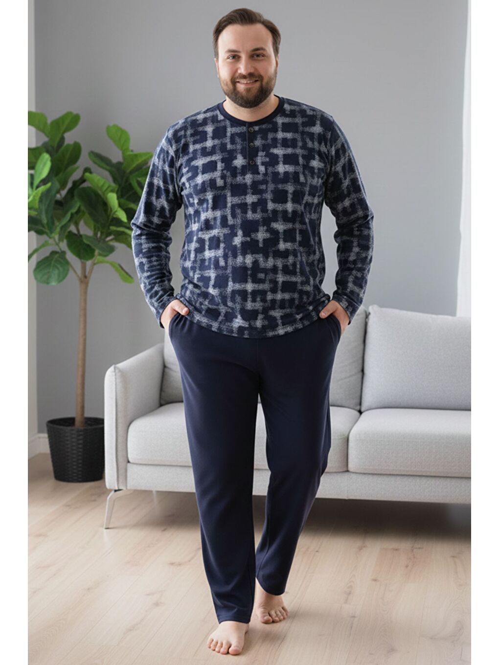 Lacivert Seamlife Erkek Desenli Büyük Beden Pijama Takımı