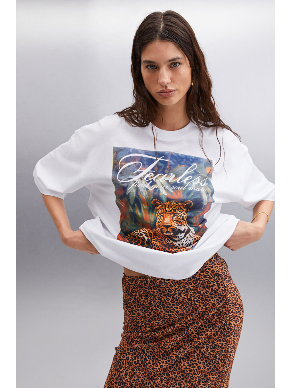 Aılıs Kadın %100 Pamuk Oversize Fit Baskılı Beyaz T-shirt-1