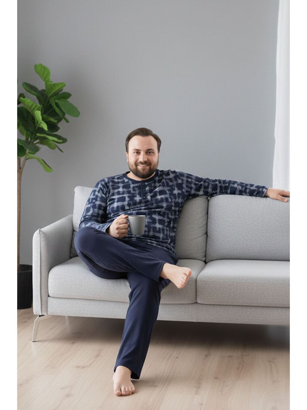 Lacivert Seamlife Erkek Desenli Büyük Beden Pijama Takımı-1