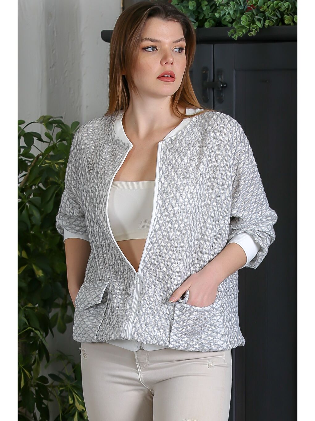 Bej Vizon Bomber Yaka Manşetli Kollu Fermuarlı Cepli Casual Dokuma Ceket 70 65