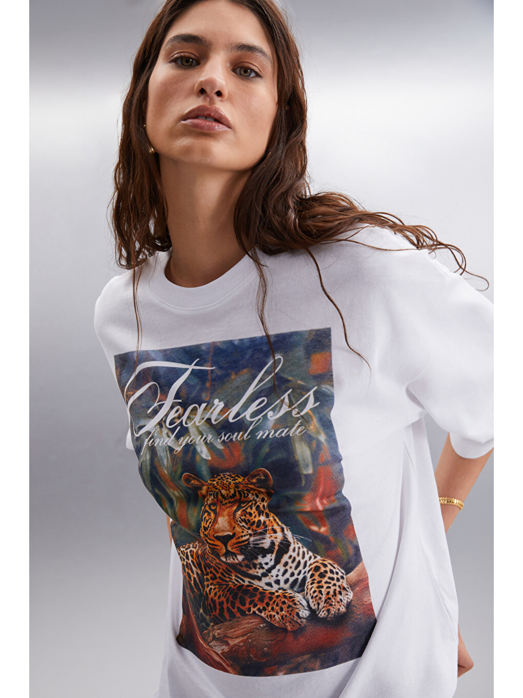 Aılıs Kadın %100 Pamuk Oversize Fit Baskılı Beyaz T-shirt-2