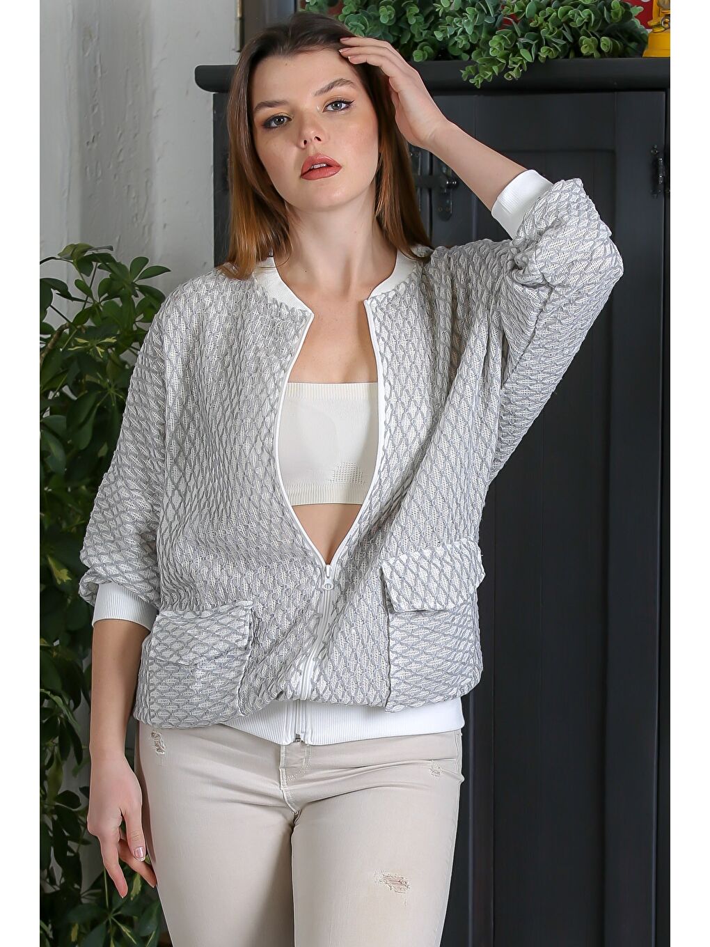 Bej Vizon Bomber Yaka Manşetli Kollu Fermuarlı Cepli Casual Dokuma Ceket 70 65-1