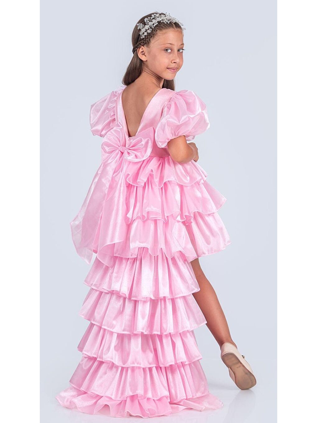 Pembe Kız Çocuk Eklenebilir Kuyruk Detaylı, Taçlı Aspendos Abiye Elbise M00758-1