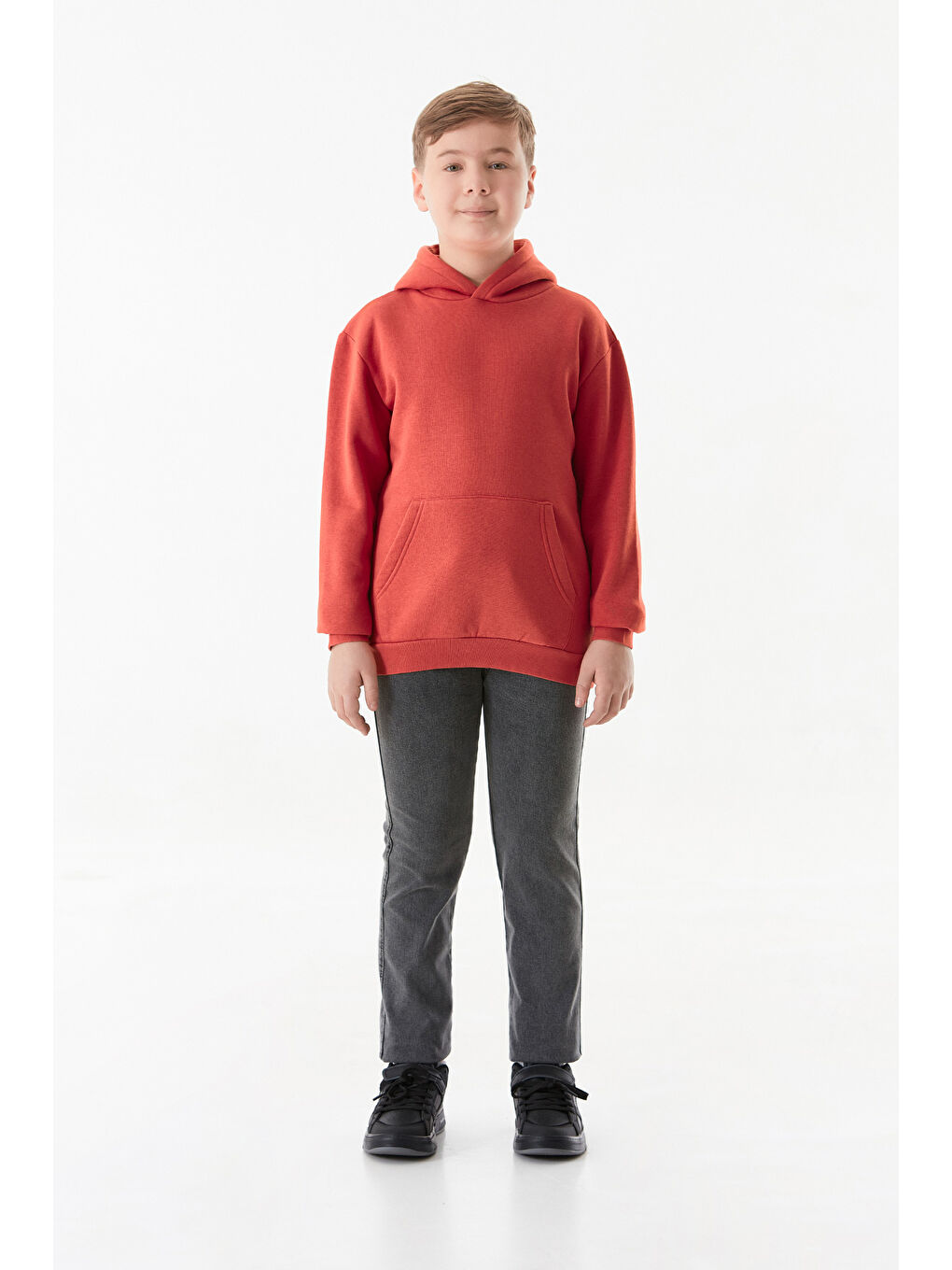 Fullamoda Kirmizi 3 İplik Kanguru Cepli Kapüşonlu Erkek Çocuk Sweatshirt - 1
