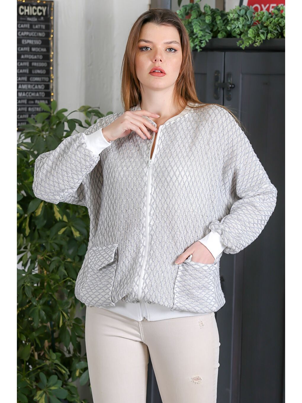 Bej Vizon Bomber Yaka Manşetli Kollu Fermuarlı Cepli Casual Dokuma Ceket 70 65-2