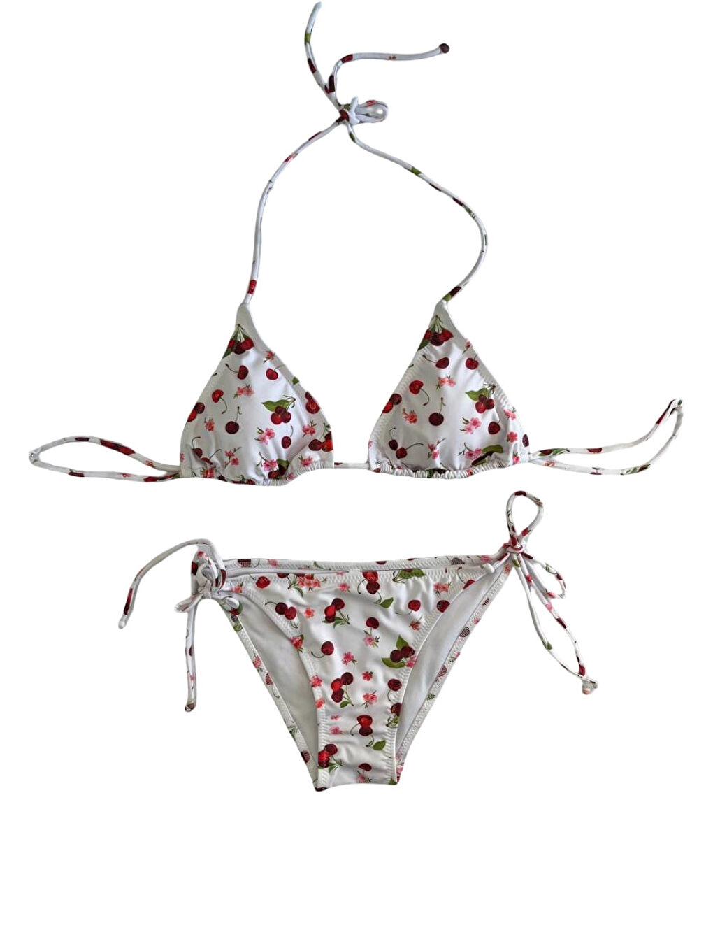 Kadın Beyaz Kiraz Temalı Boyundan İp Bağlamalı Üçgen Bikini Takımı HZL25S-LC5005-3