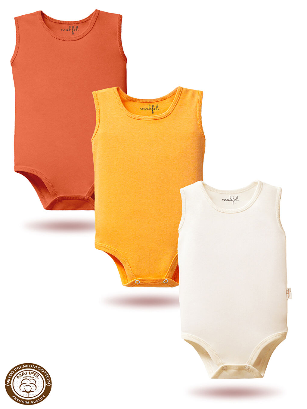 Turuncu 3'lü %100 Pamuklu Kolsuz Basic Çıtçıtlı Bebek Body Zıbın MS