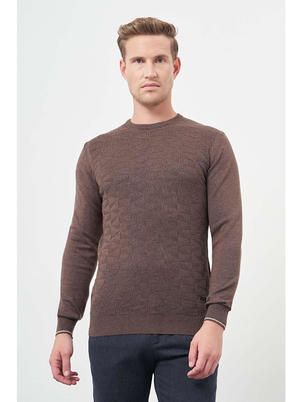 Sütlü Kahverengi Uzun Kol Kendinden Desenli Örme Bisiklet Yaka Classic Slim Fit Triko 1012245200