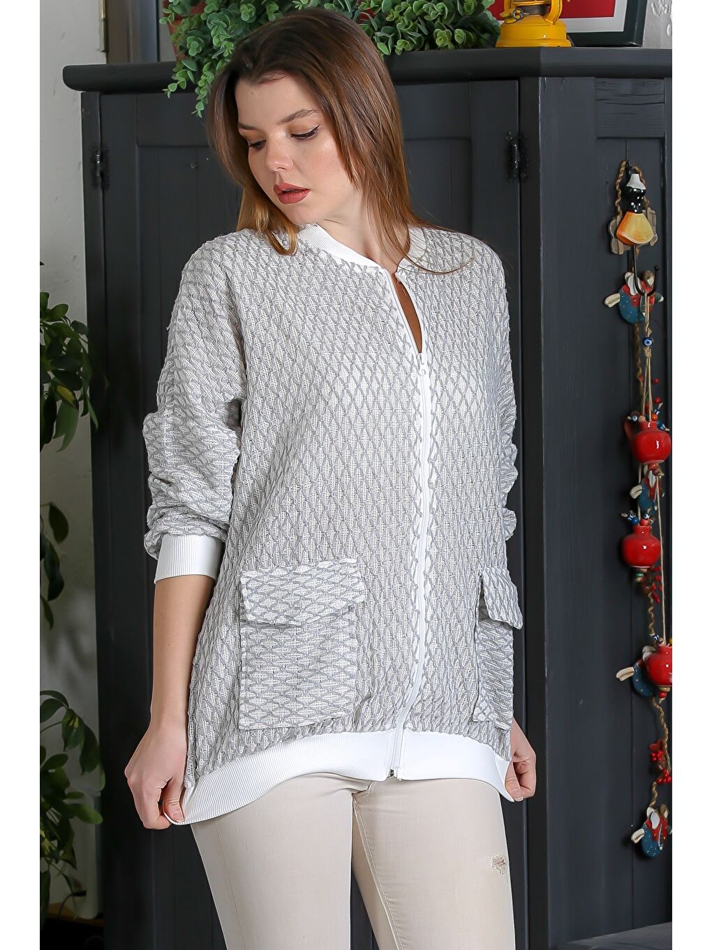 Bej Vizon Bomber Yaka Manşetli Kollu Fermuarlı Cepli Casual Dokuma Ceket 70 65-3