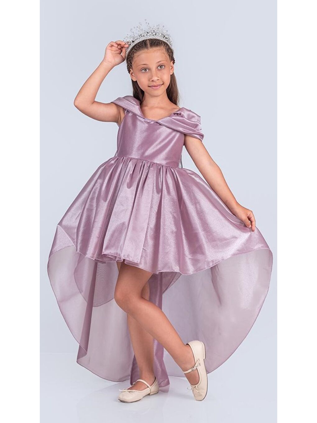 Lila Kız Çocuk Düşük Omuz Detaylı Işıltılı Prenses Elbisesi M00760
