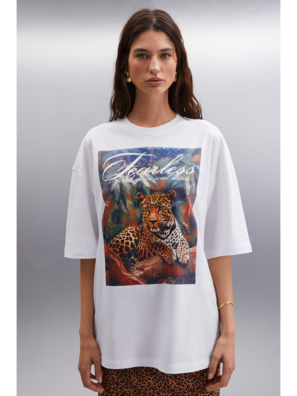 Aılıs Kadın %100 Pamuk Oversize Fit Baskılı Beyaz T-shirt-3