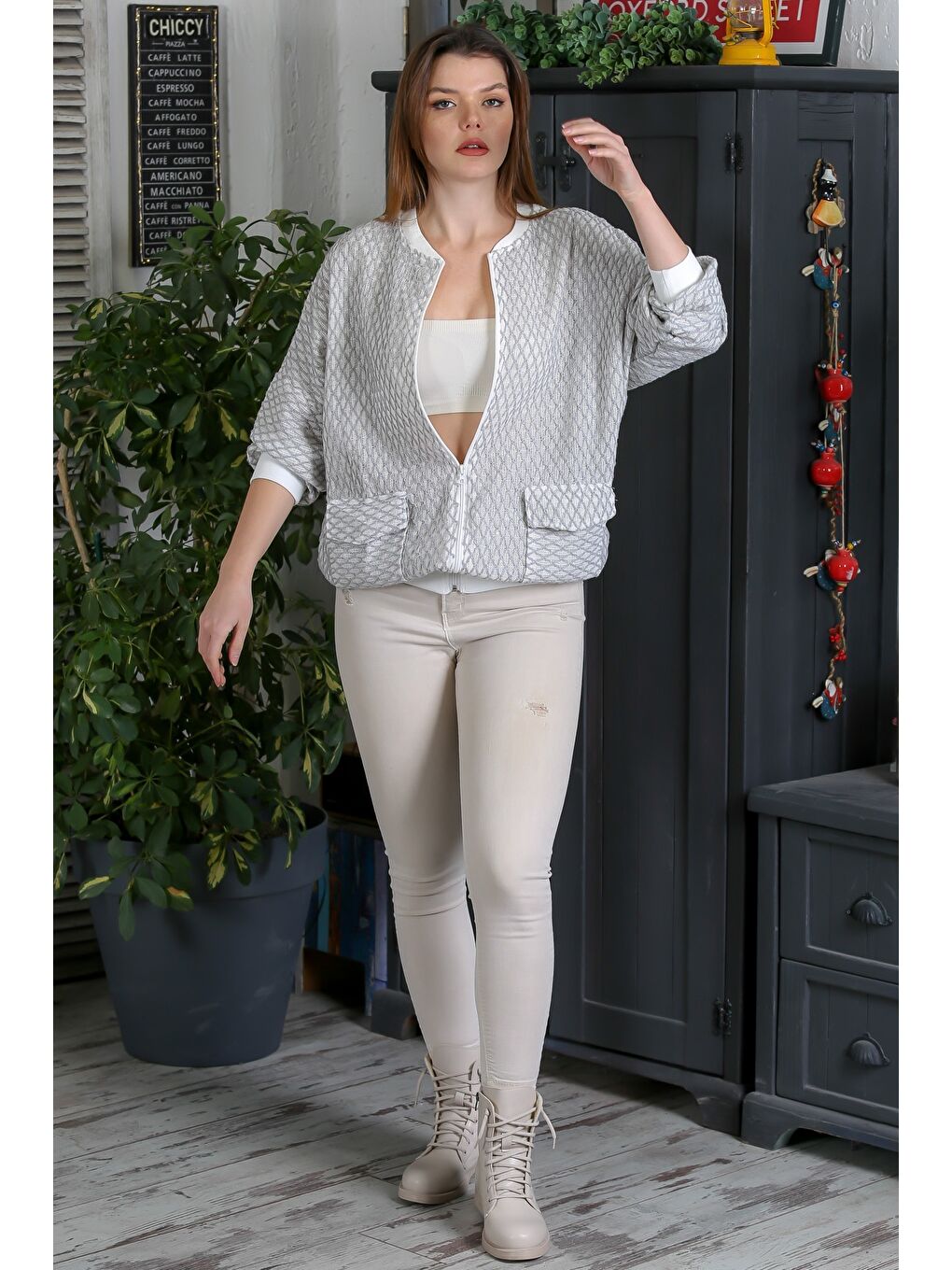 Bej Vizon Bomber Yaka Manşetli Kollu Fermuarlı Cepli Casual Dokuma Ceket 70 65-7