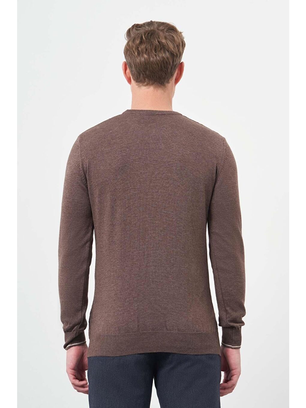 Sütlü Kahverengi Uzun Kol Kendinden Desenli Örme Bisiklet Yaka Classic Slim Fit Triko 1012245200-4