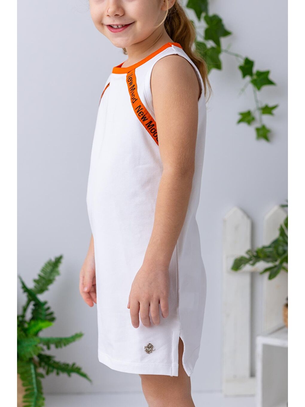 Kız Çocuk Şerit Detaylı Kolsuz Elbise - Beyaz-1