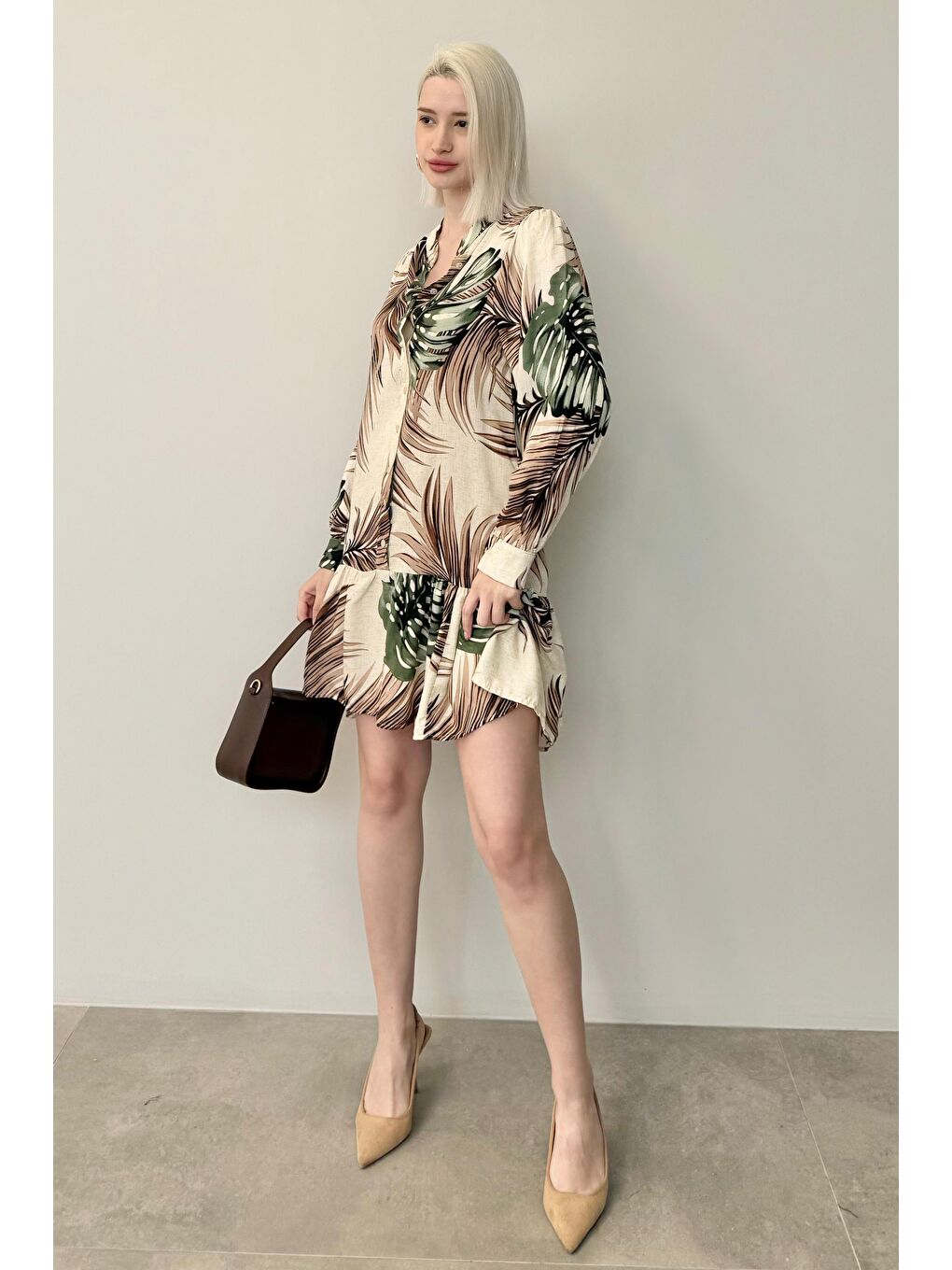 Yeşil Desenli Düğmeli Kısa Kadın Elbise Mg2432