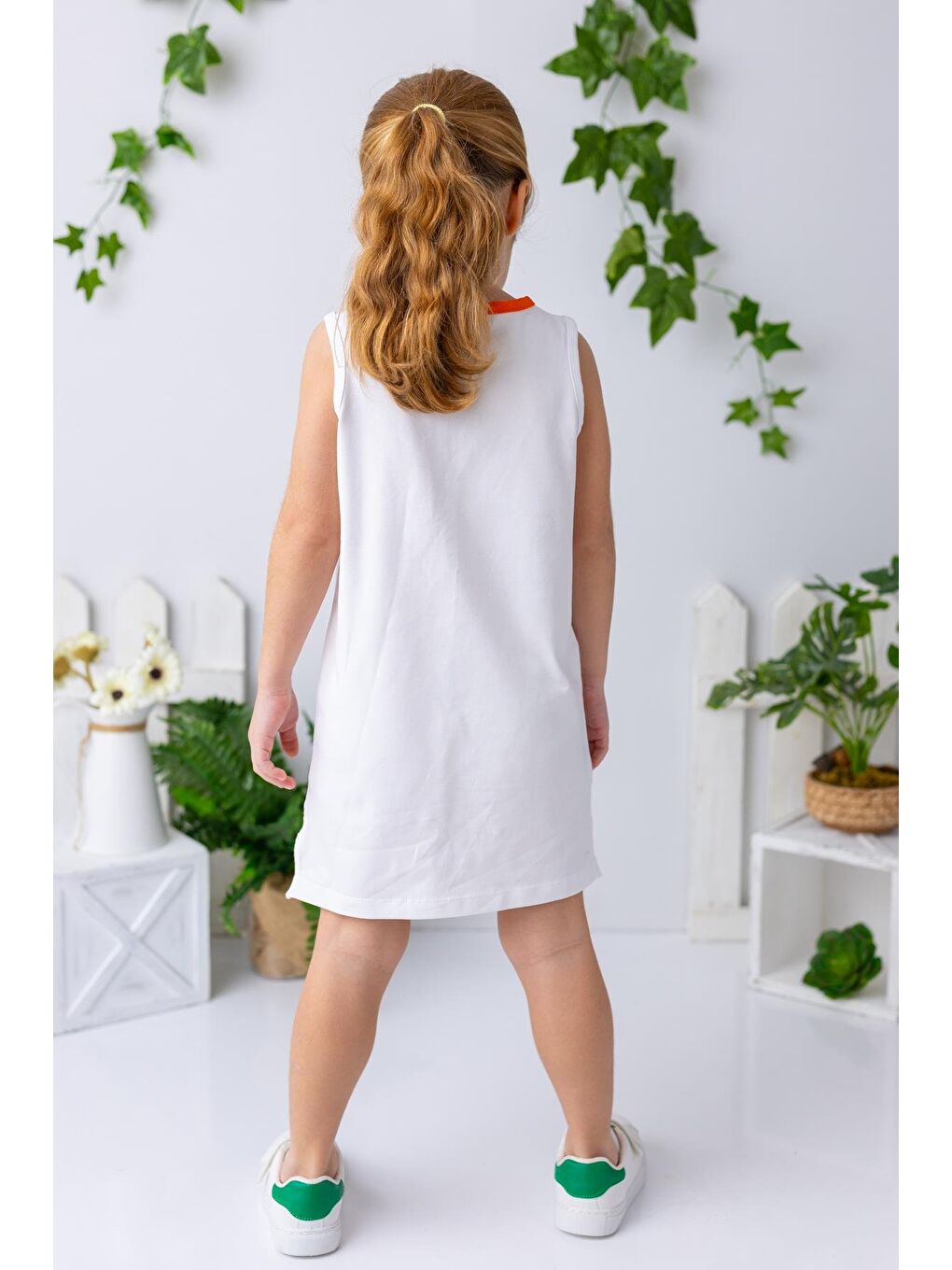 Kız Çocuk Şerit Detaylı Kolsuz Elbise - Beyaz-2