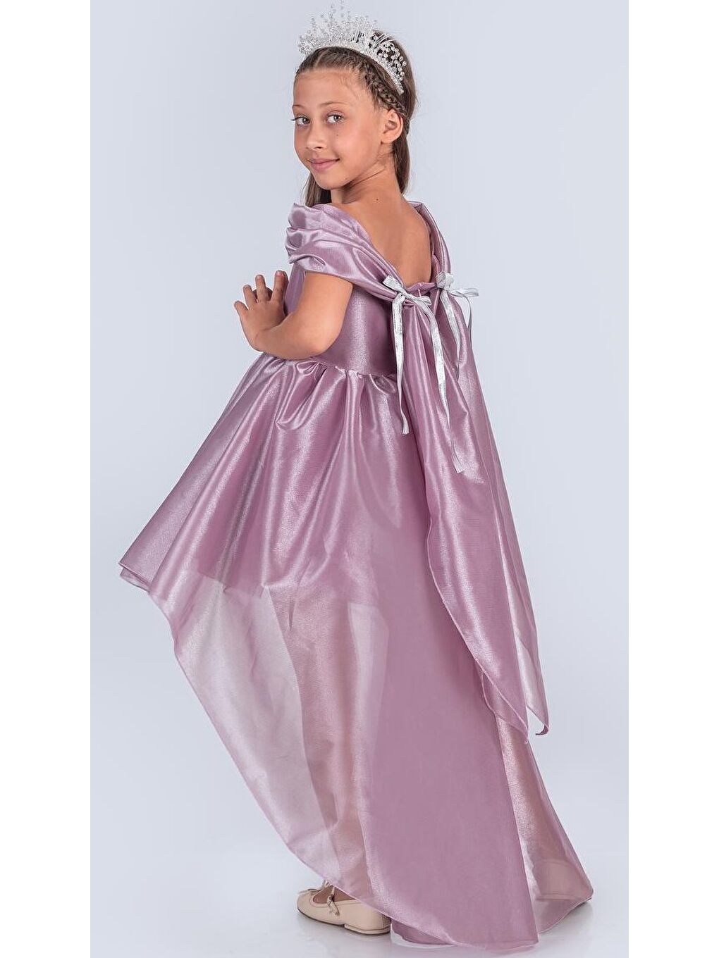 Lila Kız Çocuk Düşük Omuz Detaylı Işıltılı Prenses Elbisesi M00760-1
