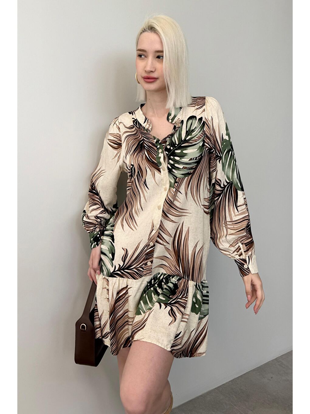 Yeşil Desenli Düğmeli Kısa Kadın Elbise Mg2432-1