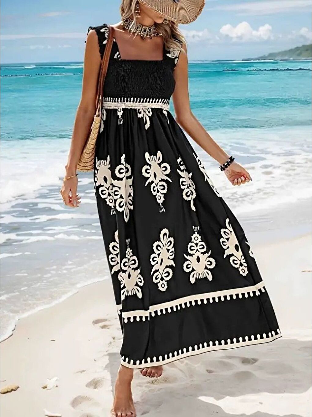 Siyah Kadın Askılı Kare Yaka Gipe Detaylı Desenli Suprem Elbise-3