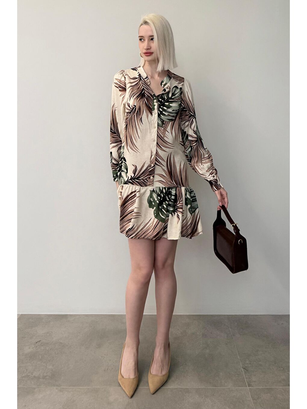 Yeşil Desenli Düğmeli Kısa Kadın Elbise Mg2432-2