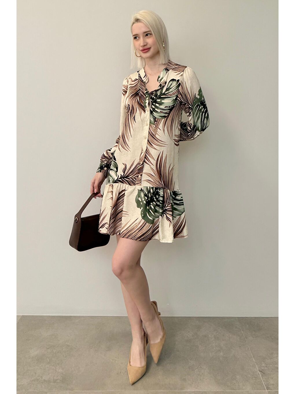 Yeşil Desenli Düğmeli Kısa Kadın Elbise Mg2432-3