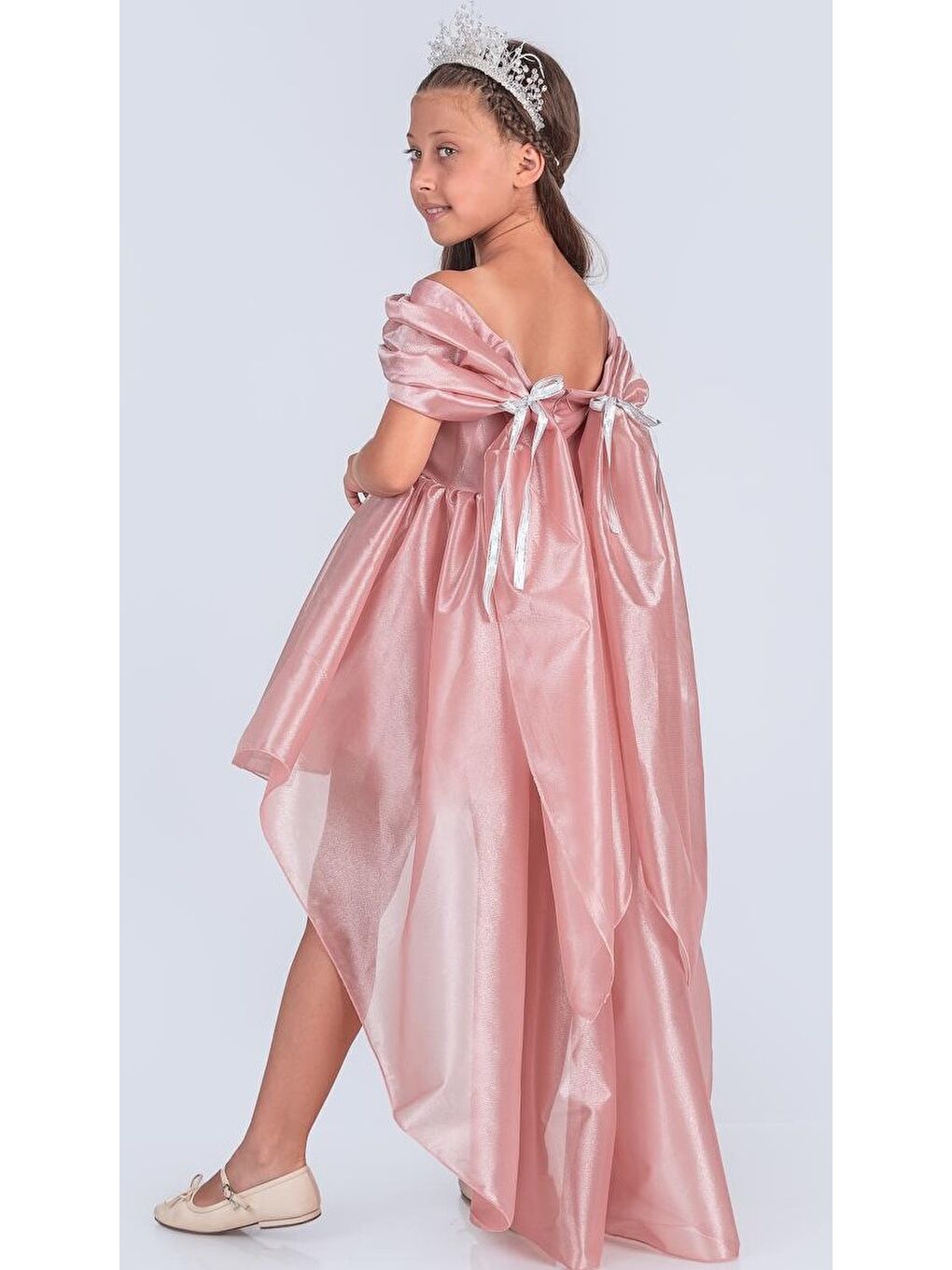 Pembe Kız Çocuk Düşük Omuz Detaylı Işıltılı Prenses Elbisesi M00760-2